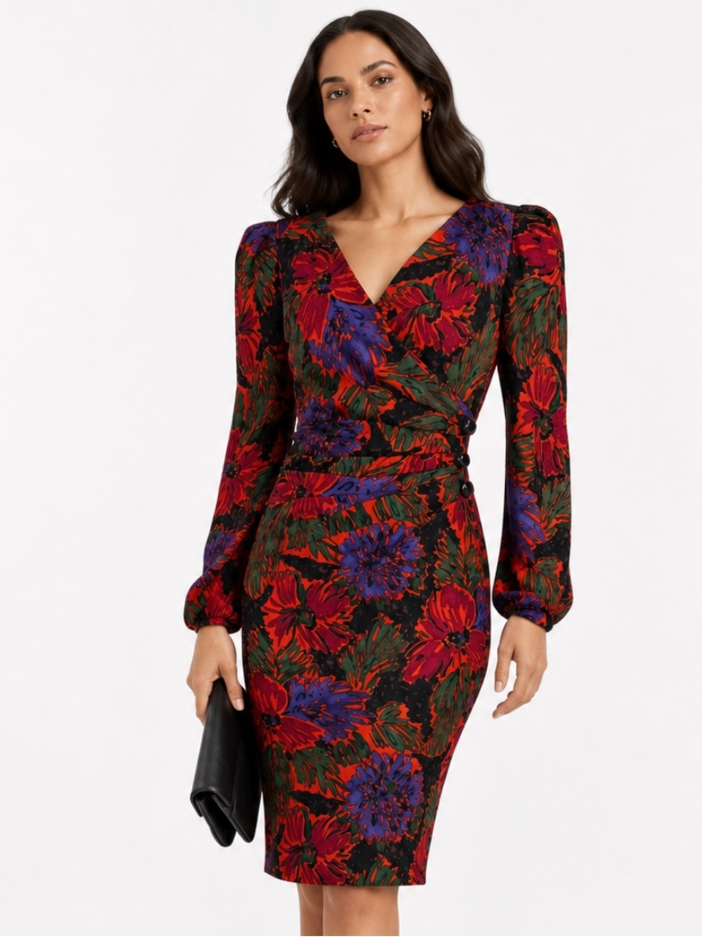 VINTAGE RIMINI Silk 90;s Floral Ruched V-Neck Lined Long Sleeve Dress Size 4
